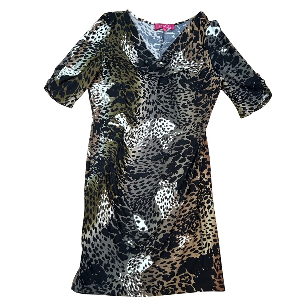 Nine & Co Womens Leopard Print Cowl Neck Ruched Sheath Dress Brown Green Size 14